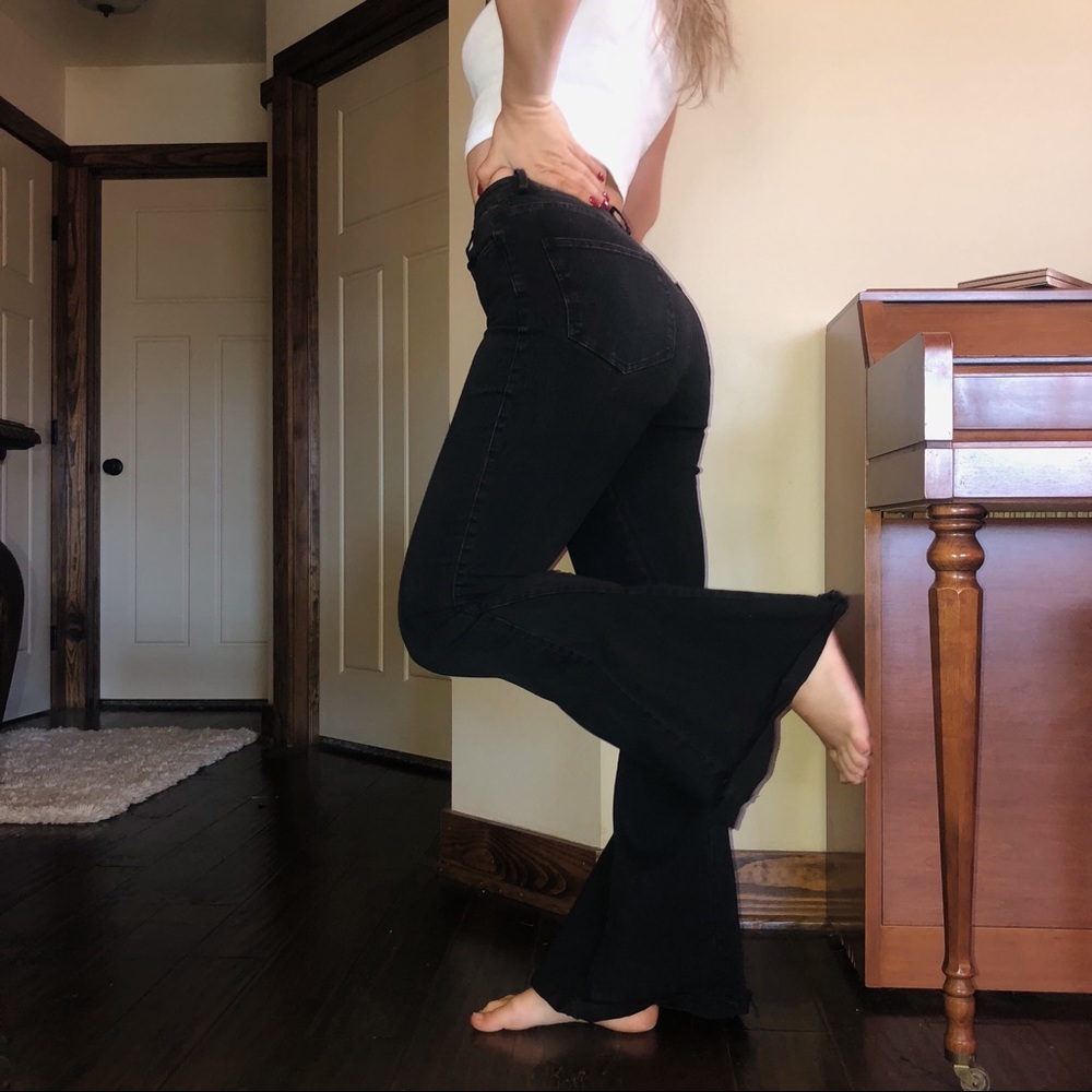 black high-waisted bell bottom jeans